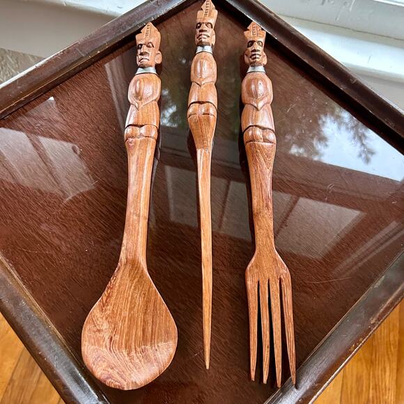 Vintage Hand Carved African Tribal Knife Fork Spoon Serving Utensils - Picture 3 of 15